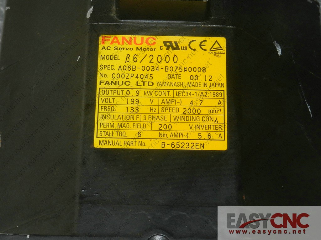 A06B-0034-B075#0008 Fanuc ac servo motor B6/2000 used