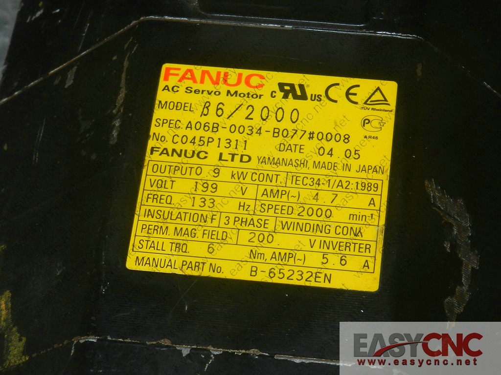 A06B-0034-B077#0008 Fanuc ac servo motor B6/2000 used