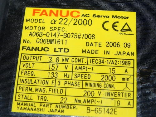 A06B-0147-B075 Fanuc ac servo motor a22/2000 used